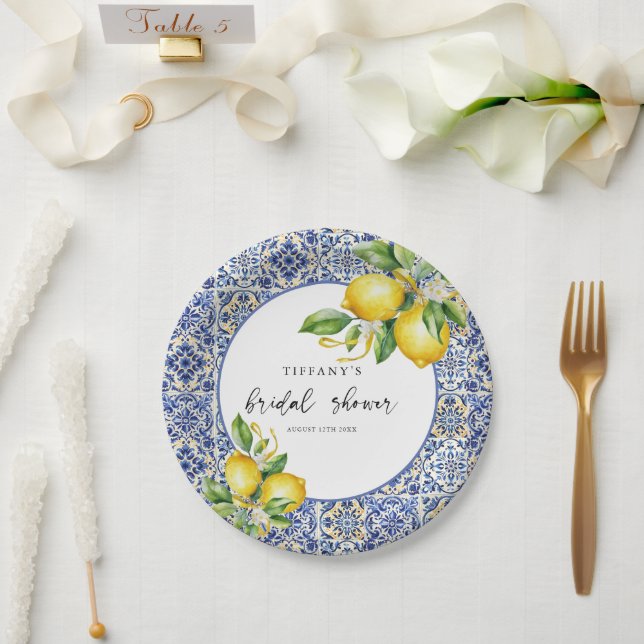 Mediterranean  Blue Tiles Lemons Bridal Shower Paper Plates (Wedding)