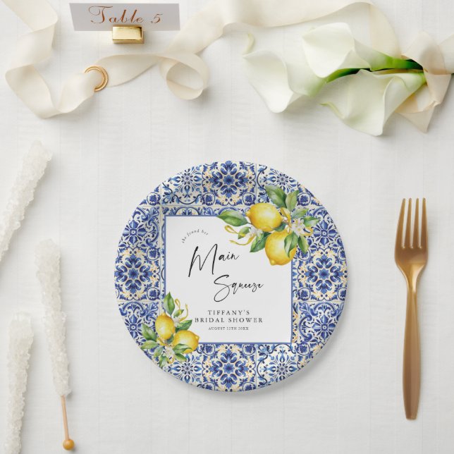 Mediterranean  Blue Tiles Lemons Bridal Shower Paper Plates (Wedding)