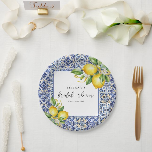 Mediterranean  Blue Tiles Lemons Bridal Shower Paper Plates (Wedding)