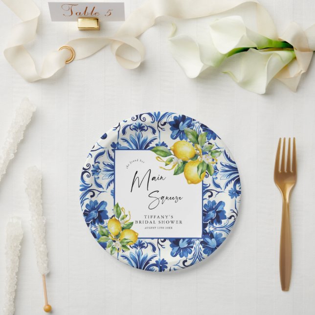 Mediterranean  Blue Tiles Lemons Bridal Shower Paper Plates (Wedding)