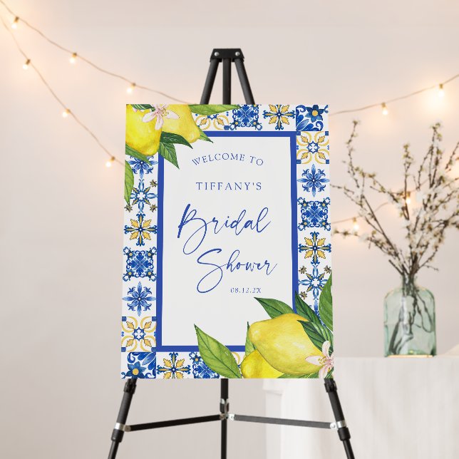 Mediterranean Blue Tiles Lemons Bridal Shower Sign (In Situ (Stand))