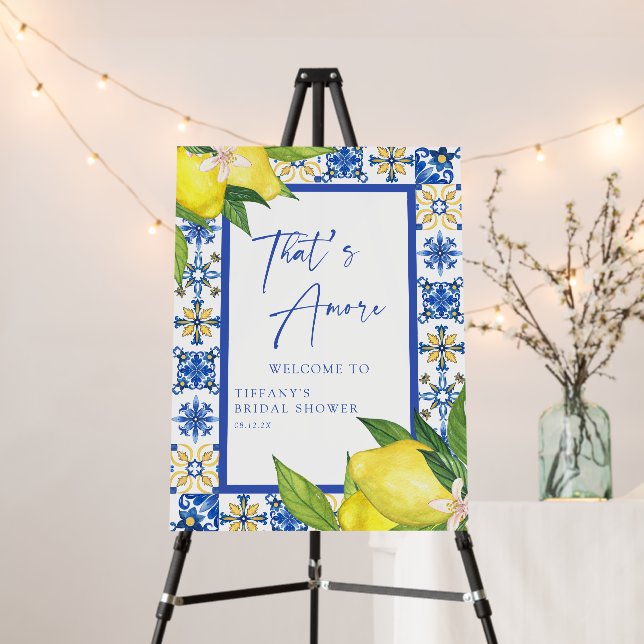 Mediterranean Blue Tiles Lemons Bridal Shower Sign (In Situ (Stand))