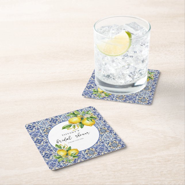 Mediterranean  Blue Tiles Lemons Bridal Shower Square Paper Coaster (Insitu)