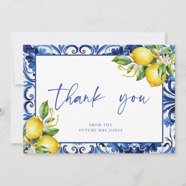 Mediterranean  Blue Tiles Lemons Bridal Shower Thank You Card (Front)