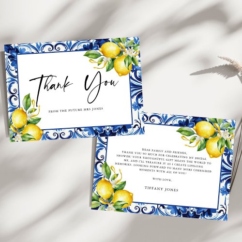 Mediterranean  Blue Tiles Lemons Bridal Shower Thank You Card