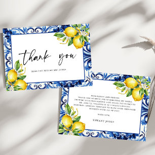 Mediterranean  Blue Tiles Lemons Bridal Shower Thank You Card