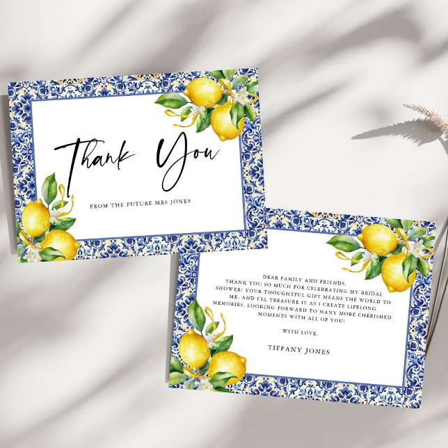 Mediterranean  Blue Tiles Lemons Bridal Shower Thank You Card (Creator Uploaded)
