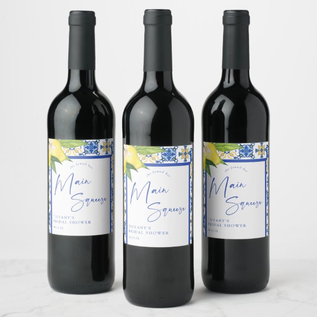 Mediterranean Blue Tiles Lemons Bridal Shower Wine Label (Bottles)