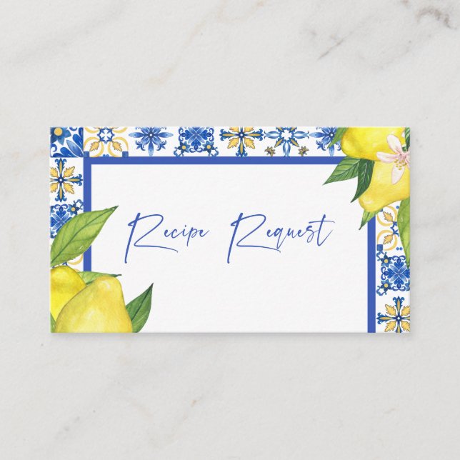 Mediterranean Blue Tiles Lemons Recipe Request Enclosure Card (Front)