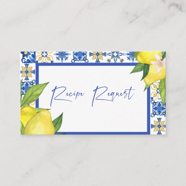 Mediterranean Blue Tiles Lemons Recipe Request Enclosure Card (Front)