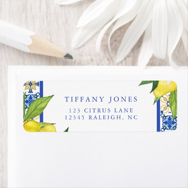 Mediterranean Blue Tiles Lemons Return Address Label (Insitu)