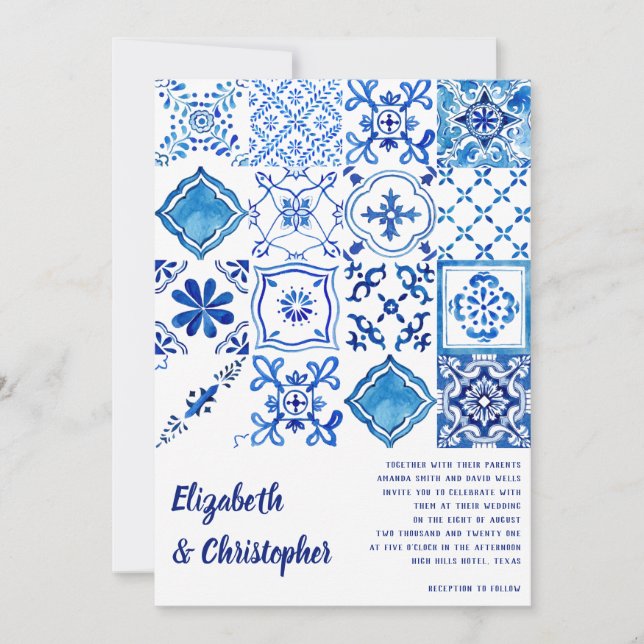 Mediterranean Blue Tiles Modern Watercolor Italy Invitation (Front)
