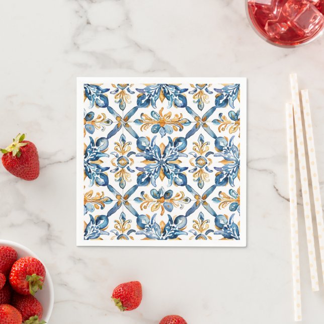 Mediterranean Blue Tiles Napkins Decor (Insitu)