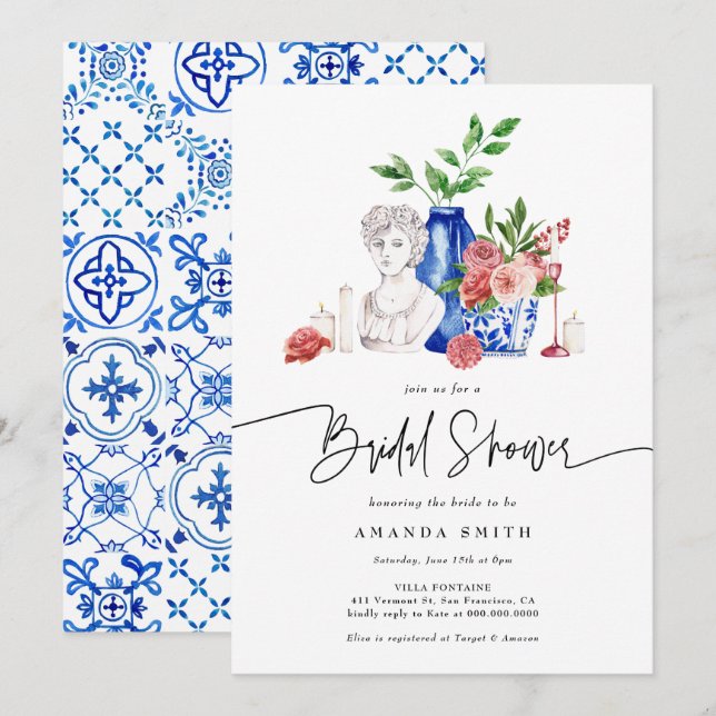 Mediterranean Blue Tiles Pink Floral Bridal Shower Invitation (Front/Back)