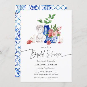 Mediterranean Blue Tiles Pink Floral Bridal Shower Invitation