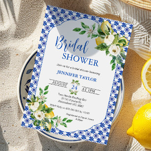 Mediterranean Blue Tiles Roses Lemon Bridal Shower Invitation