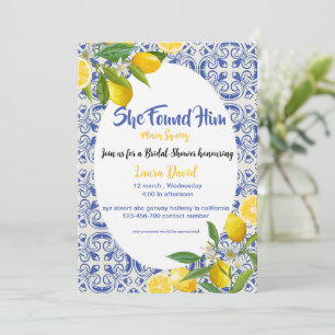 Mediterranean blue tiles watercolor bridal shower  invitation