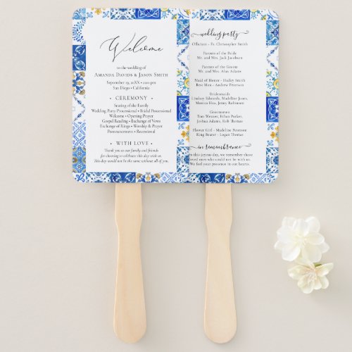 Mediterranean Blue Tiles Wedding Ceremony Program Hand Fan - Mediterranean Blue Tiles Wedding Ceremony Program Hand Fan. 
You can edit/personalize whole Template.
If you need any help or matching products, please contact me. I am happy to create the most beautiful personalized products for you!