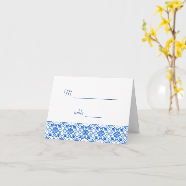 Mediterranean blue tiles wedding place card (Yellow Flower)