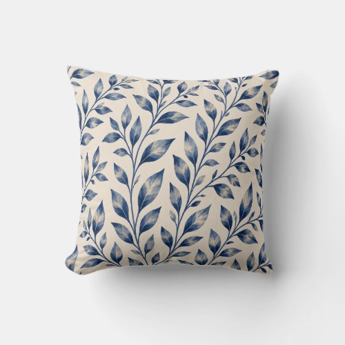 Mediterranean Blue Watercolor Foliage Cotton Throw Pillow