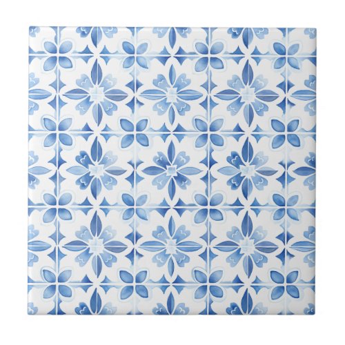 Mediterranean Blue Watercolor Pattern Ceramic Tile