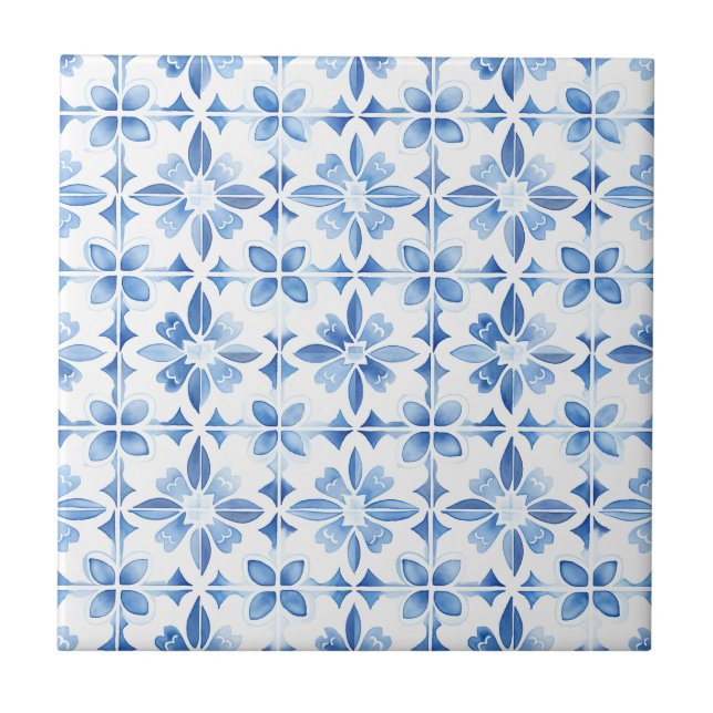 Mediterranean Blue Watercolor Pattern Ceramic Tile (Front)