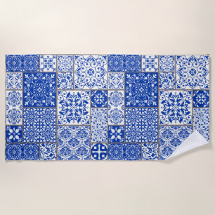 Mediterranean Blue & White Azulejo Majolica Mosaic Beach Towel