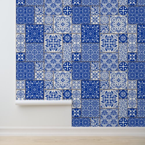 Mediterranean Blue  White Azulejo Majolica Tiles Wallpaper