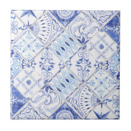 Mediterranean Blue White Floral Vintage Kitchen Ce Ceramic Tile