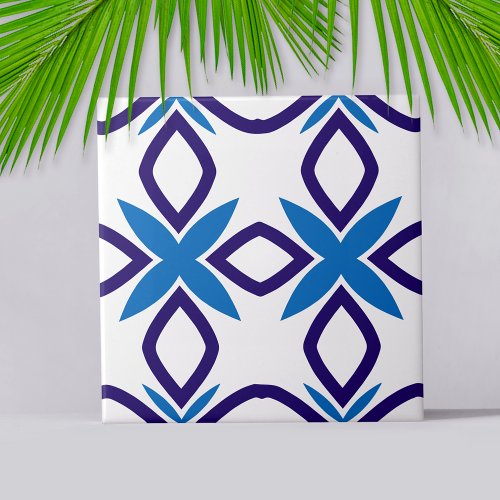 Mediterranean Blue  White Geometric Pattern Ceramic Tile