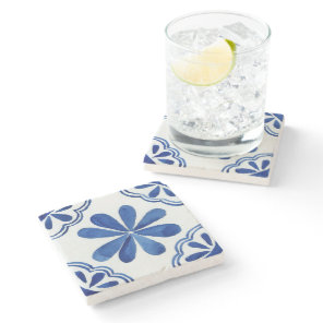 Mediterranean Blue & White Italian Mosaic Floral Stone Coaster