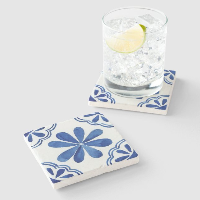 Mediterranean Blue & White Italian Mosaic Floral Stone Coaster (Side)