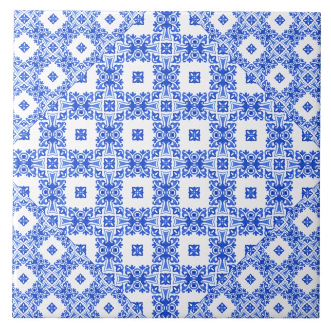Mediterranean blue white iznik delft style pattern ceramic tile (Front)