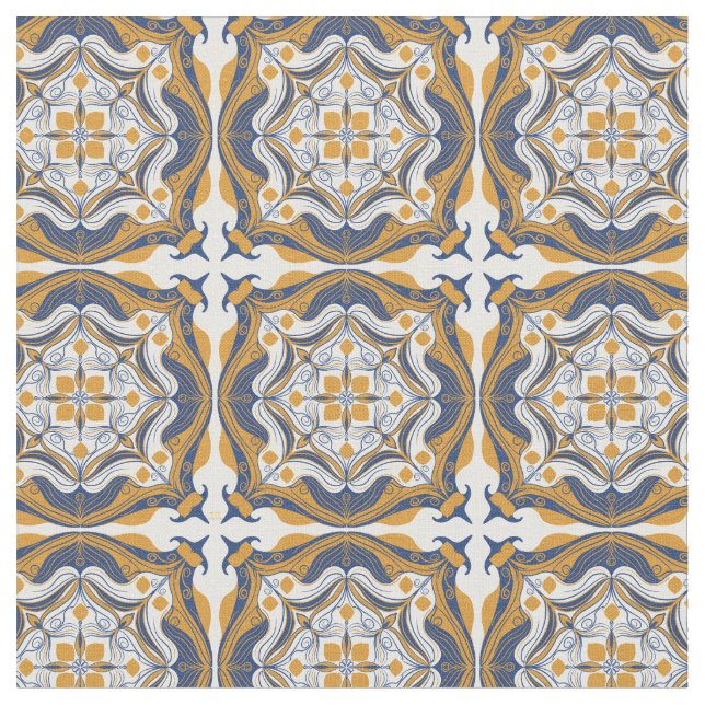 Mediterranean Blue White Lemon Fabric (Close Up)