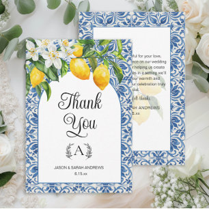 Mediterranean Blue White Monogram Lemons Wedding  Thank You Card