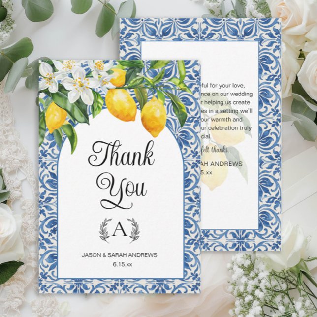 Mediterranean Blue White Monogram Lemons Wedding  Thank You Card (Mediterranean wedding thank you card with blue and white tiles and lemons)