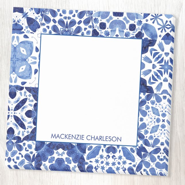 Mediterranean Blue White Tile Pattern Personalized Post-it Notes (Indigo blue and white Mediterranean ceramic tile pattern personalized custom name Post-It notes)