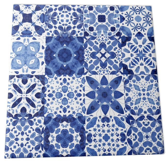 Mediterranean Blue White Tile Pattern Watercolor (Blue and white watercolor 
Mediterranean tile pattern ceramic tile)