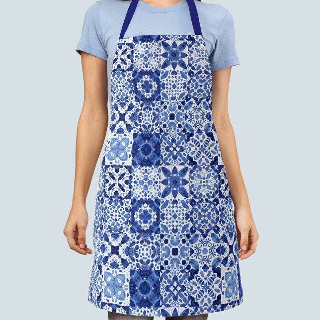 Mediterranean Blue White Tile Pattern Watercolor Apron (Blue and white watercolor 
Mediterranean tile pattern apron)