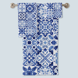 Mediterranean Blue White Tile Pattern Watercolor Bath Towel Set