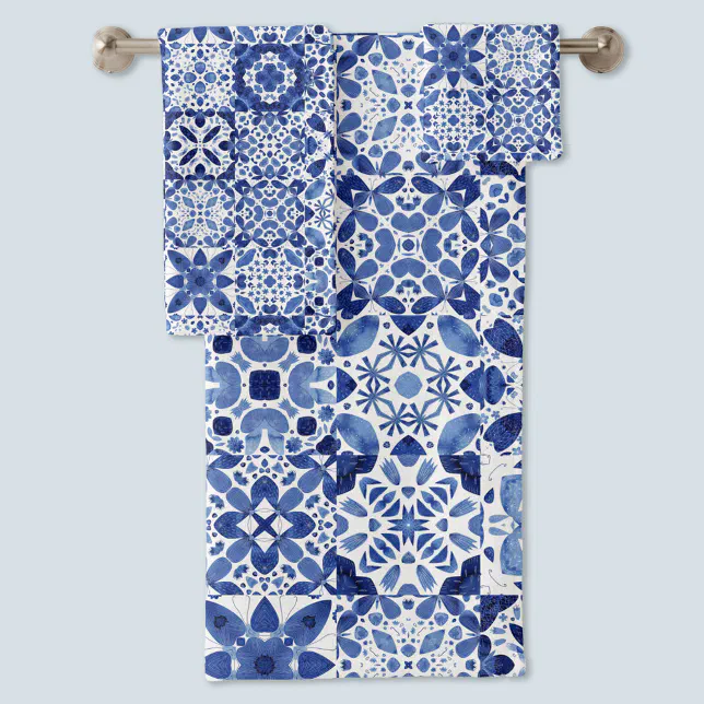 Mediterranean Blue White Tile Pattern Watercolor Bath Towel Set | Zazzle
