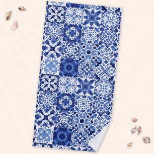Mediterranean Blue White Tile Pattern Watercolor Beach Towel
