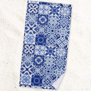 Mediterranean Blue White Tile Pattern Watercolor Beach Towel