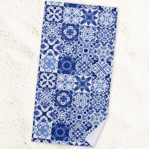 Mediterranean Blue White Tile Pattern Watercolor Beach Towel