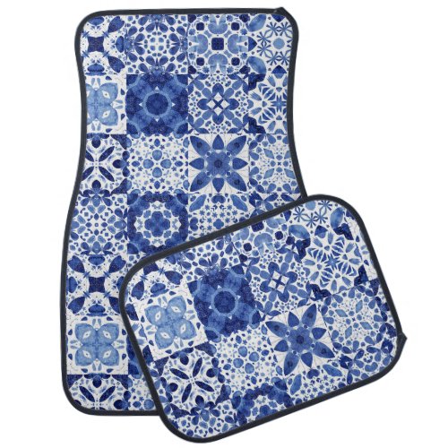 Mediterranean Blue White Tile Pattern Watercolor Car Floor Mat