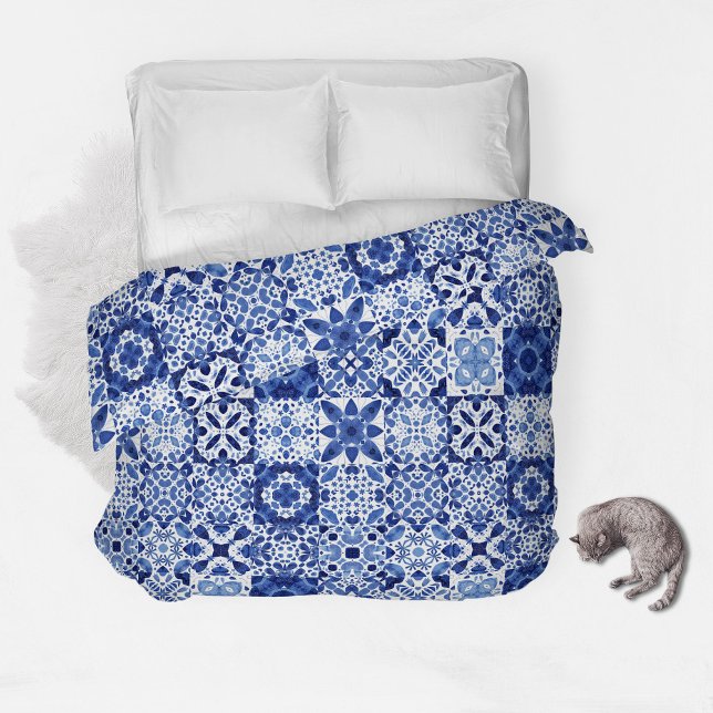 Mediterranean Blue White Tile Pattern Watercolor Duvet Cover (Blue and white watercolor 
Mediterranean tile pattern duvet cover)