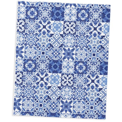 Mediterranean Blue White Tile Pattern Watercolor Fleece Blanket