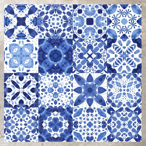 Mediterranean Blue White Tile Pattern Watercolor Floor Decals