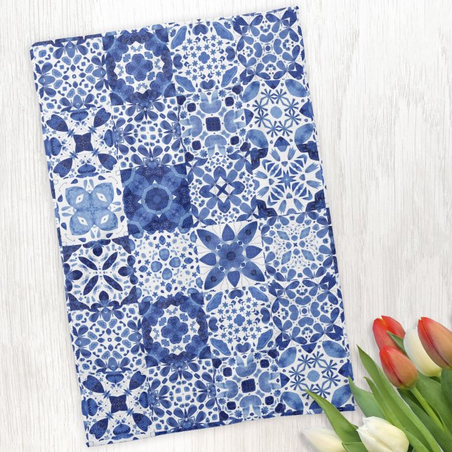 Mediterranean Blue White Tile Pattern Watercolor Kitchen Towel (Blue and white watercolor 
Mediterranean tile pattern kitchen towel)