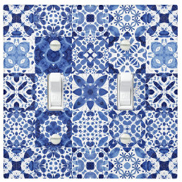 Mediterranean Blue White Tile Pattern Watercolor Light Switch Cover